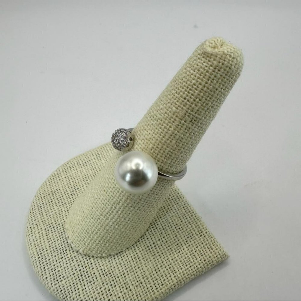Geo Sphere Open Band Pearl and Zirconia Adjustable Ring - Picture 6 of 9